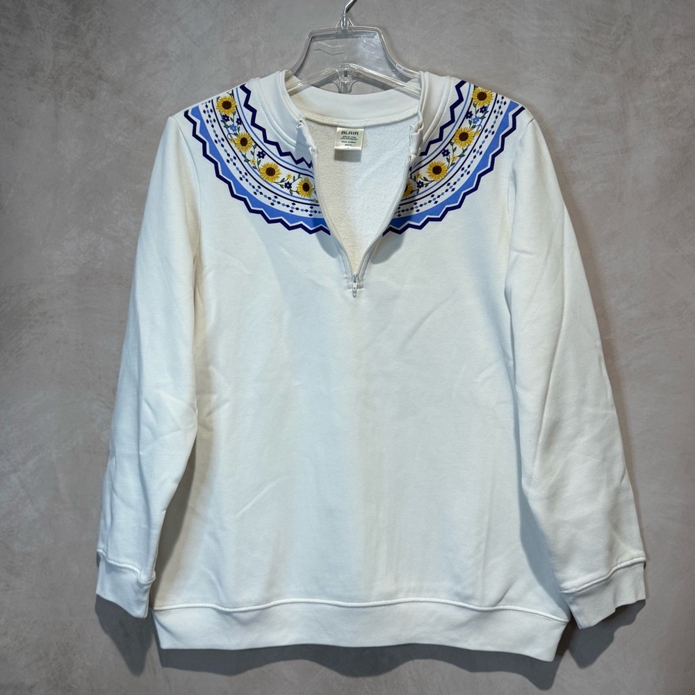 Blair Sunflower Floral Zip Sweatshirt L White - Picture 2 of 7